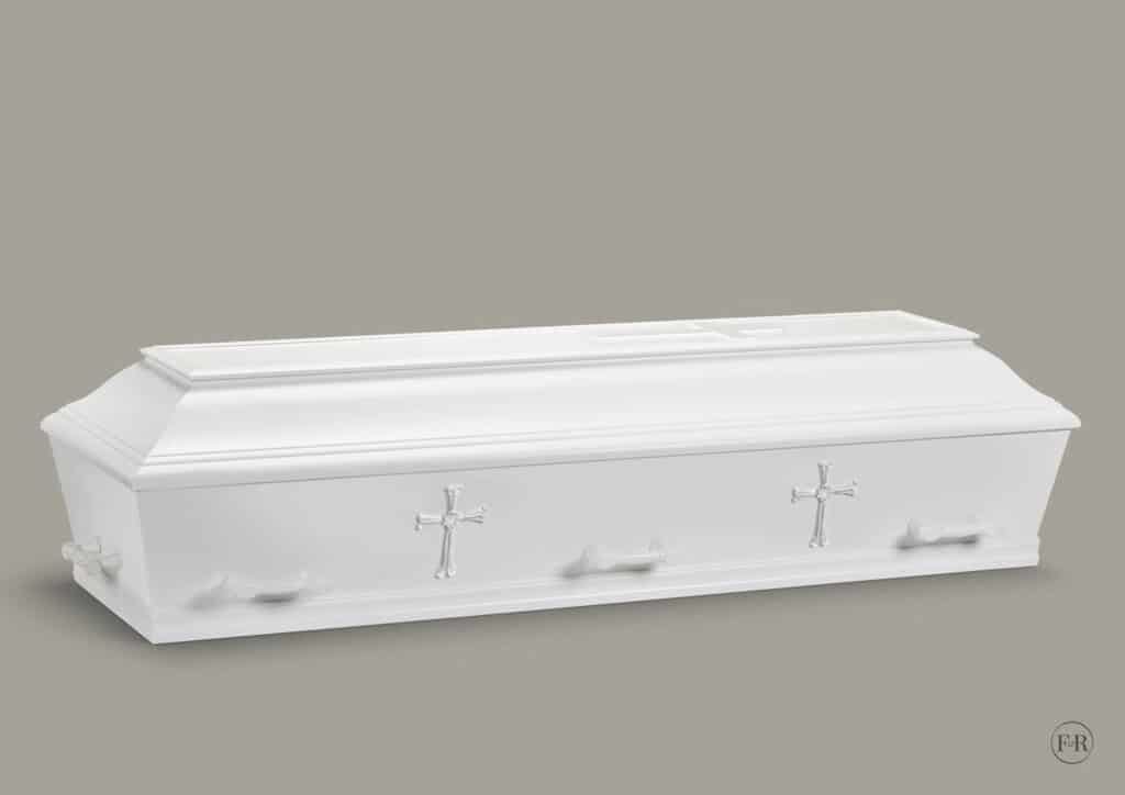 Hvid kiste med kors og håndtag